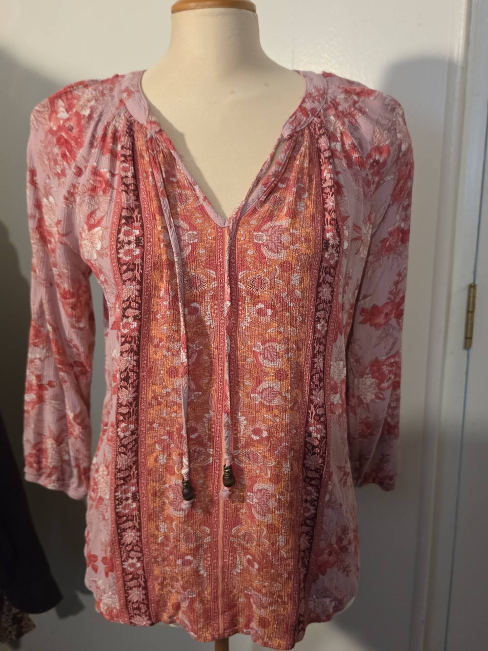 Women's Pink Floral Boho Tie-Front Blouse